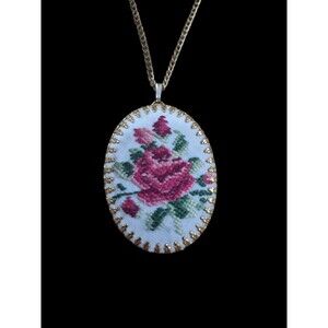 Vintage Style Hand Embroidered Floral Pendant Necklace Oval Needlework Jewelry
